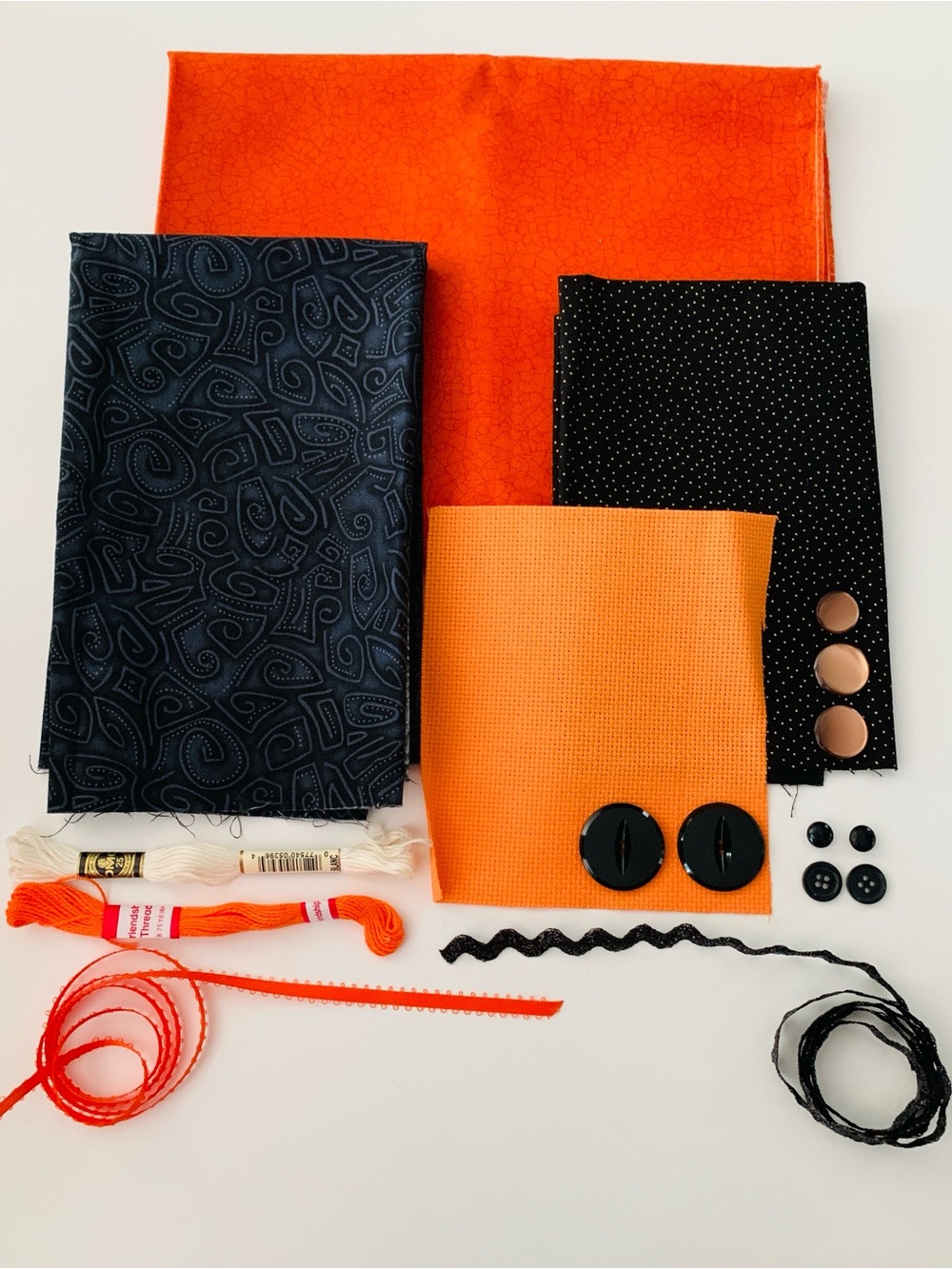 Halloween Orange & Black Slow Stitch Fabric & Embellishments DIY Craft Kit